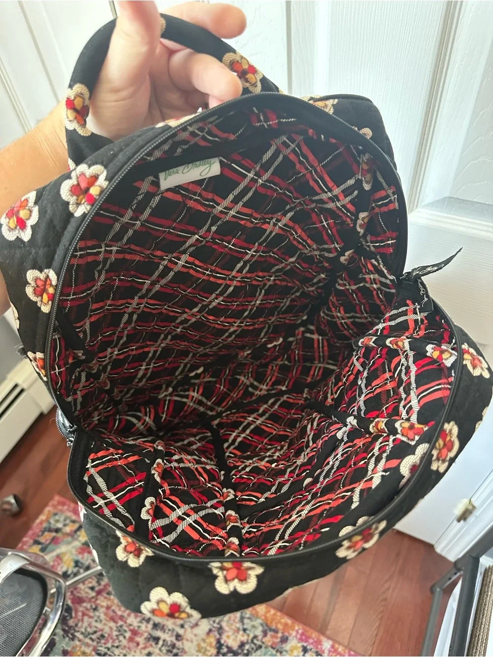 Vera Bradley Large Quilted Backpack in Pirouette Signature Print Black/White/Red